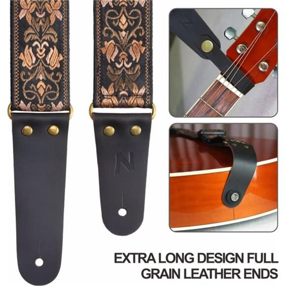 Embroidered Guitar Strap Adjustable with Leather Ends Picks Locks Included - Picture 2 of 7